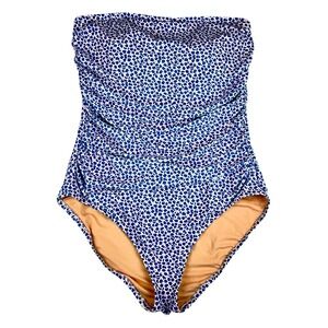 J Crew Swimsuit Gemma Womens Sz L Blue White Floral Strapless One-Piece Bandeau